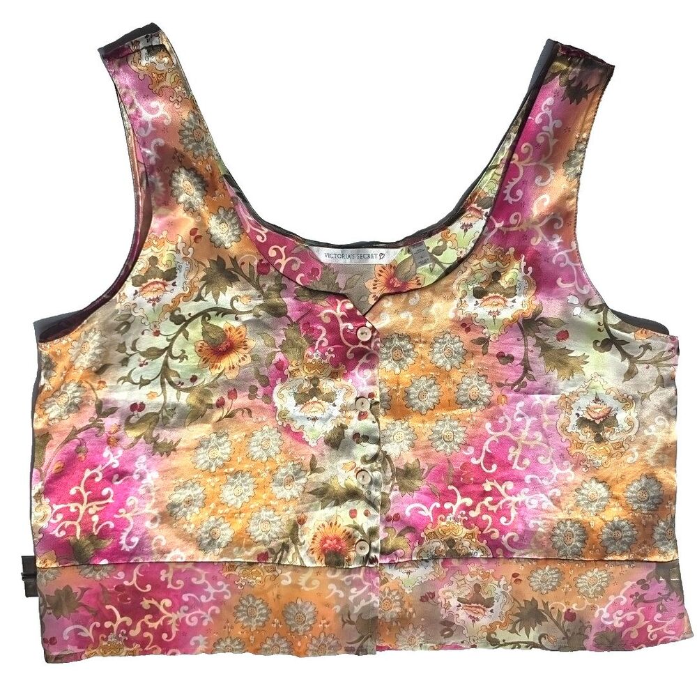 VTG Y2K Victorias Secret Crop Tank Top Cami, Ombre Multicolor Floral Satin L